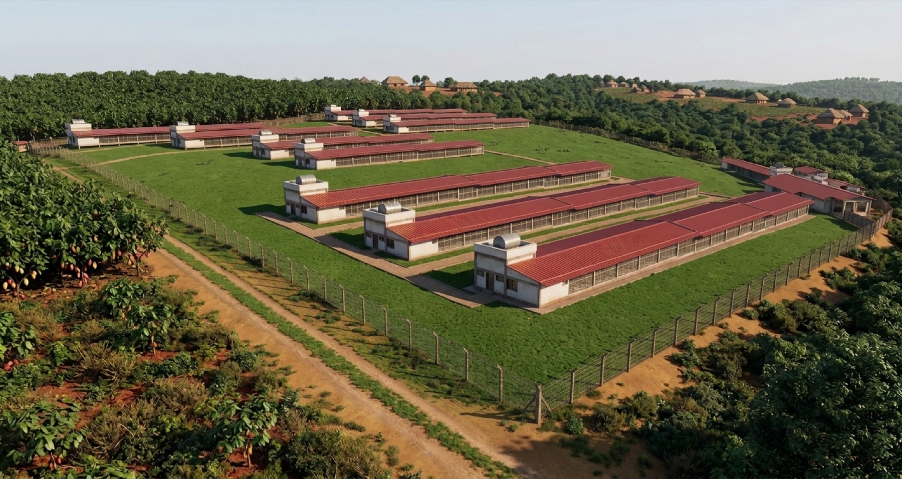 A planned campus with long buildings and green surroundings