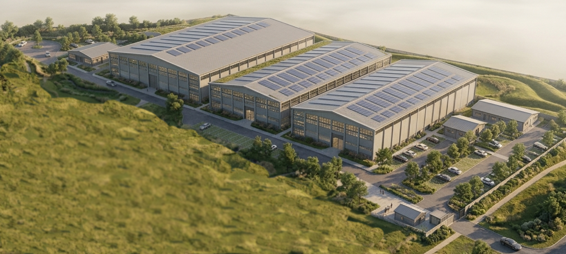 A large industrial facility set within a green landscape